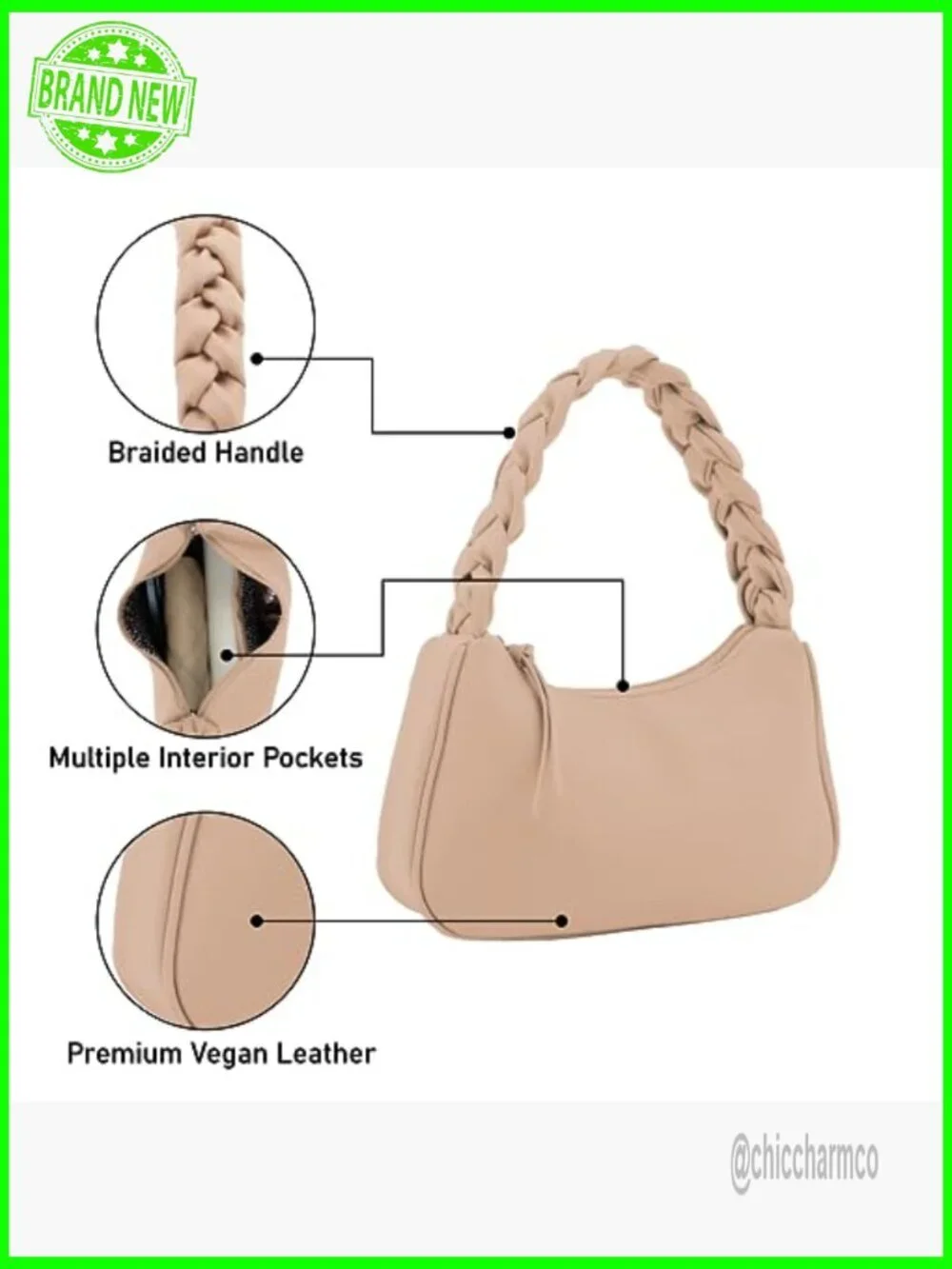 Small Vegan Leather Hobo Tote with Braided Handle, Zipper Closure